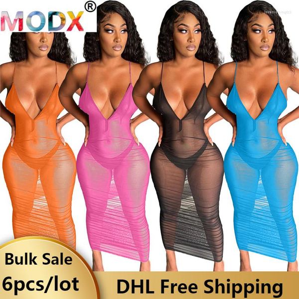 Vestidos casuales 6 piezas al por mayor al por mayor Maxi Sexy Women Party vestido largo correas Clubwear See Through Ruched Beach Outfits ropa 7133