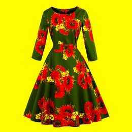 Casual jurken 60s Sundress gele zonnebloem een ​​lijn vintage katoenen jurk lente herfst 3/4 lengte mouw vrouwen elegante jaren 1950 bloemenjurkesc