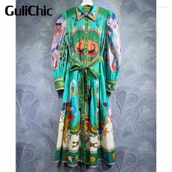 Robes décontractées 8.7 Gulichic Femmes Holiday High Quality Cotton Collier Down Chic Print Lantern Ganche avec ceinture élégante Robe