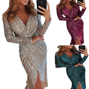 8 colores otoño lentejuelas Midi vestido de talla grande traje de manga larga fiesta de Navidad mujeres Club lápiz oro cuello en V