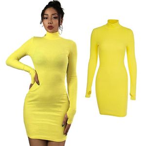 Casual jurken 8 kleuren effen jurk voor vrouwen 2021 herfst eenvoudige sexy coltrui lange mouwen midi body vrouwelijke bodycon vestidos