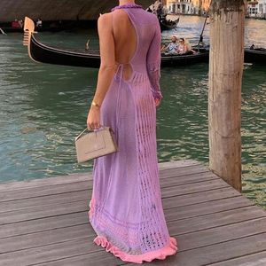 Casual jurken 90s Vintage Crochet Deep V Open Back Mermaid Dress Elegant Lady One Sleeve Asymetrische Long Chic Women Ball Gown Vestidos