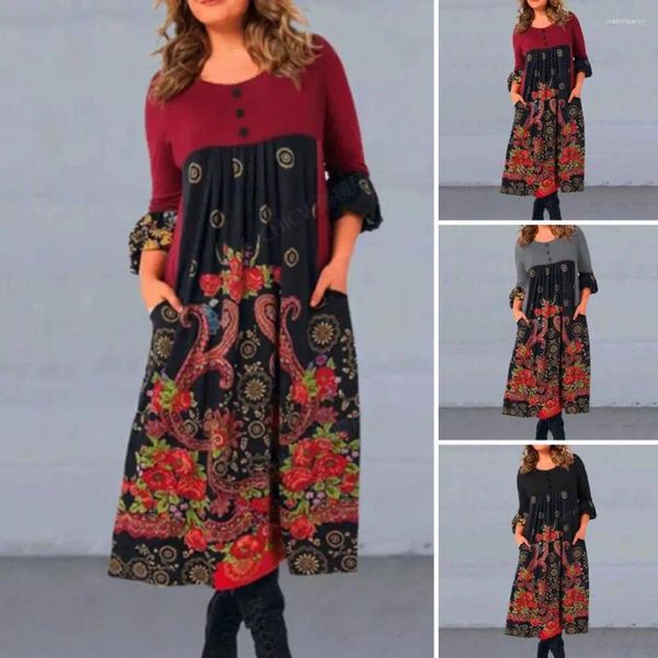 Vestidos casuales A-lien vestido midi estampado étnico una línea con manga larga cintura alta para otoño primavera estilo retro mujer redondo