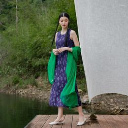 Robes décontractées une vie sur les femmes gauches robes suspendues sans manches rond rond en voie de chinois traditionnel chinois imprimé violet jupe longue