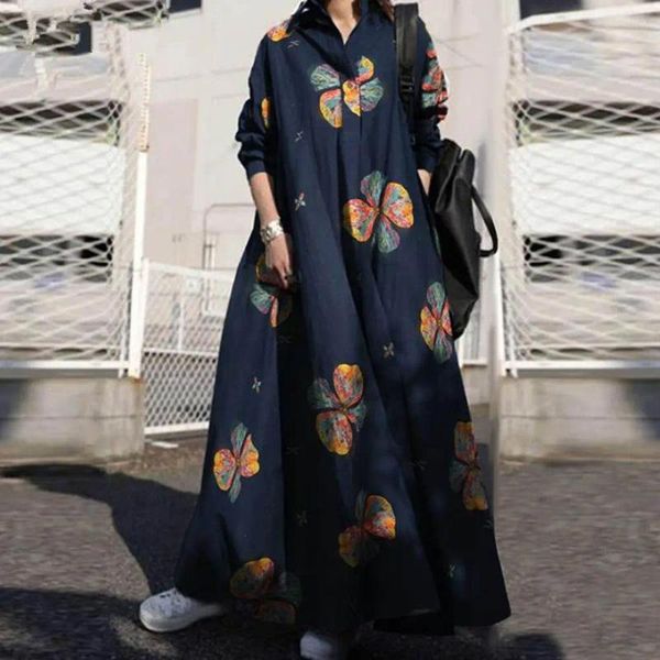 Robes décontractées Robe trapèze élégante de style ethnique maxi avec imprimé floral col rabattu pour plus de taille femmes coupe ample cheville