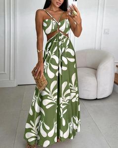 Casual jurken een lijn lang voor vrouwen 2024 Summer Simple Hollow Out Design Planten Afdrukken Backless Beach Vacation Maxi Dress