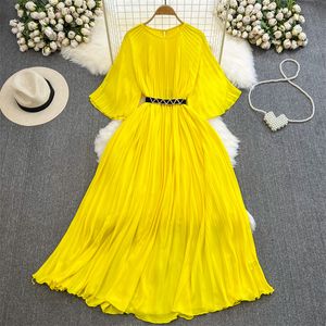 Casual Jurken A-lijn Sexy Zomer Nieuwe Vrouwen Elegante Halflange Geplooide Jurk Met Riem Ronde Hals Half Mouw Dames Chiffon Jurken vestidos Wit Geel 2024