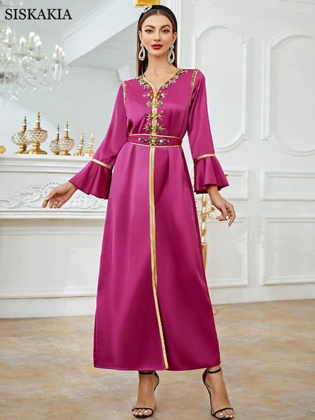 Robes décontractées Abaya Dubai Femme 2024 Elegant V Neck Diamonds Party Robe Ruffle Long Manneve Solid A Line Maxi Islam Robe avec ceinture