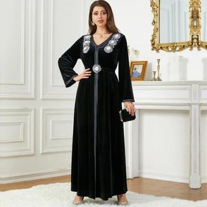 Casual Jurken Abaya Voor Vrouwen Arabische Herfst/Inter Decal Zwart Fluwelen Jurk Dubai Dames Avond Ramadan Gurban Kleding