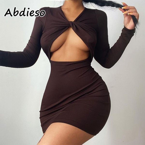 Vestidos casuales Abdieso acanalado Sexy Mini vestido ajustado mujer 2023 verde ahueca hacia fuera marrón manga larga Otoño Invierno Club fiesta