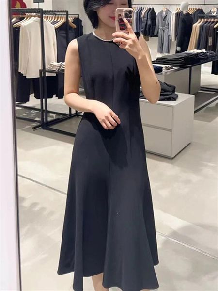 Vestidos casuales de ácido acético Mujeres Vestidos de cuello O-cuello Slim A-Línea plisada elegante Color sólido Damas Meneveless Mid-Longitud Spring 2024