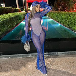 Vestidos casuales Adogirl Moda Y2k Azul Transparente Malla Noche Maxi Mujeres Sexy Ver a través Noche Fiesta Club Piel Manga Vestido largo