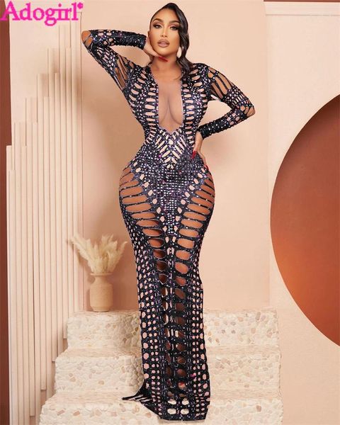 Robes décontractées Adogirl évider diamants Maxi robe de soirée robe de soirée femmes sexy col en V à manches longues dos fendu robe moulante Clubwear