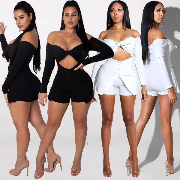 Casual Jurken Adogirl Schuine Hals Schouderafhangend Playsuit met lange mouwen Effen Uitgesneden Strik Knoop Beha Jumpsuits Sensuele Shorts Eendelige sets