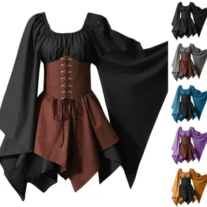 Vestidos casuales Mujeres adultas Medieval Elf Fairy Elven S-5XL Traje Wench Princess Vestido Lace Up Cintura Cincher Corset Set Jagged