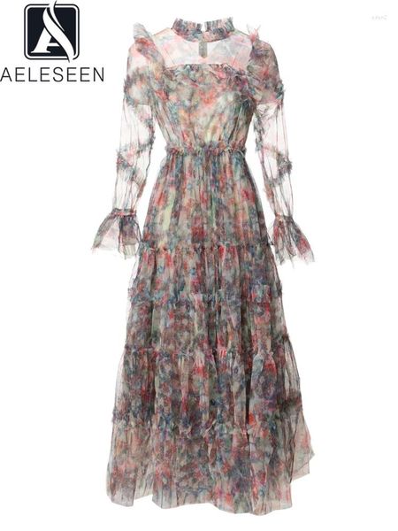 Robes décontractées AELESEEN haute qualité robe en couches femmes printemps été transparent fleur imprimé volants maille comestible arbre élégant bal