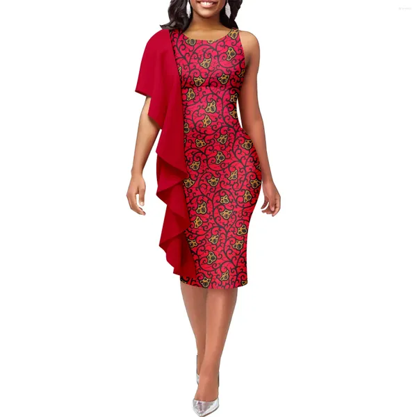 Robes décontractées Robe de femme afro-américaine avec volants manches simples vent sexy mince col rond tissu imprimé A2225143