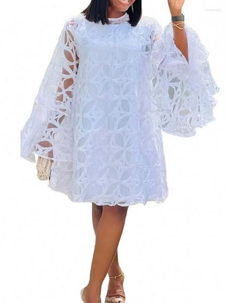 Robes décontractées Robe en dentelle africaine 2 pièces femmes ensemble mode Streetwear vêtements d'été manches papillon blanc Midi Vestido Lady Robe de soirée