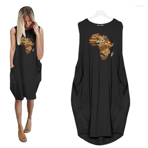 Vestidos informales Mapa africano Maple Vestido negro estampado 2023 Elegante Mujer Vintage Playa Summer Singless Girls Mujeres