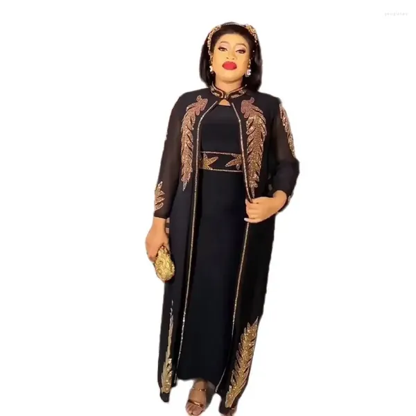 Robes décontractées Style africain Bling Femme Robe 2 pièces Ensembles Perles Manches longues Musulman Dubaï Robe Drop pour les femmes