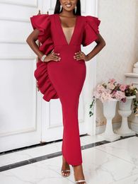 Casual Jurken Afrikaanse Vrouwen Fromal Rode Feestjurk Sexy Diepe V-hals Korte Mouw Asymmetrische Lange Kerstavonden Speciale Gelegenheid