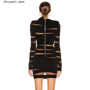 Casual jurken ah yuan 2021 Nieuwe zwarte mesh verbatage jurk vrouwen sexy lange mouw holle club mini jurk celebrity avond runway feestjurk p230322