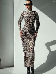 Casual jurken ahagaga modestijl modieuze luipaard print strakke lange mouw bodycon jurk sexy geplooide buik bedekkende heup bodeming