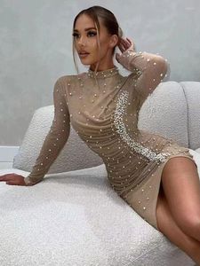 Vestidos casuales Ailigou 2023 verano mujer Sexy perla plisado íntimo vestido de manga larga malla tul cumpleaños Club