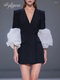 Vestidos casuales ailigou 2024 moda de verano para mujeres sexy slim fit manga burbujas traje de un solo botón mini vestido