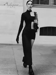 Casual jurken ailigou 2024 Zomer dames zwart sexy strakke een schouder met lange mouwen holle asymmetrische jurk elegant beroemdheid feest