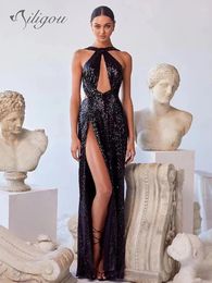 Casual jurken Ailigou Luxe sexy dames rugloze mouwloze glanzende avondjurk voor hoge split pailletten nachtclubfeest