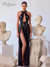 Robes décontractées Ailigou luxueux sexy dames dos nu sans manches brillant robe de soirée avant haute fente paillettes discothèque fête