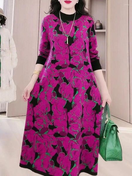 Vestidos casuales Aimeili Zuoman Invierno Vintage suelto suéter floral otoño 4XL más tamaño vestido de punto negro mujeres elegante bodycon