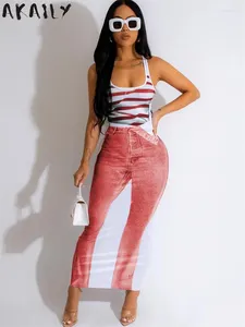 Robes décontractées Akaily Mode 3D Jeans Impression Moulante Maxi Robe Tenues d'été pour femmes 2024 Sexy U Cou Sans Manches Longues