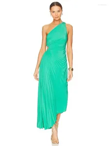 Vestidos informales ALC Verano / Otoño Vestido de mujer Poliéster Asimetría-Cuello Verde Azul Hasta el tobillo Sin mangas Plisado Cintura alta Sexy Vacaciones