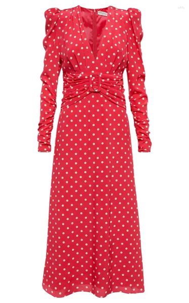 Robes décontractées Alessandra Rich Robe Red Dot Col V Longue Soie Personnalisation de haute qualité