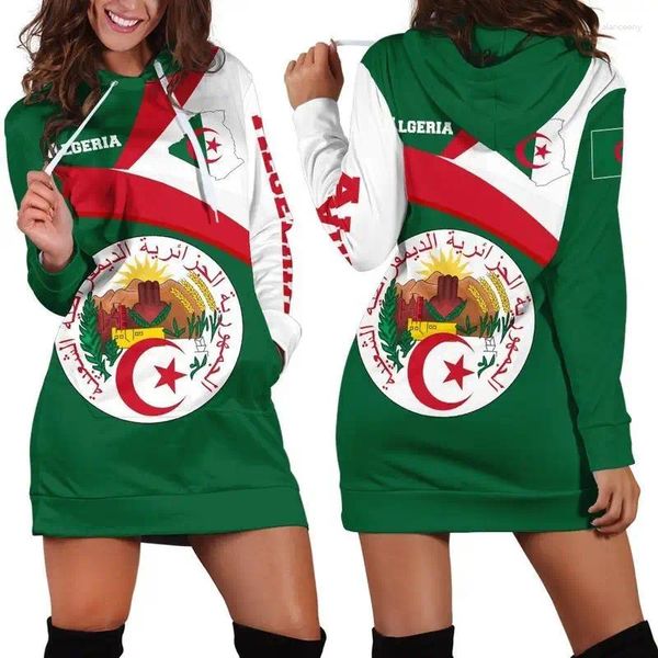 Vestidos casuales Bandera de Argelia 3D Mujeres Vestido con capucha Nombre personalizado Retro Harajuku Impreso Jersey Sexy