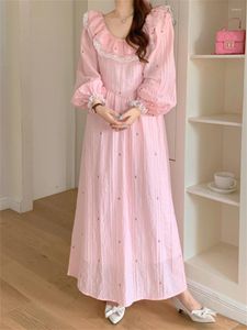 Casual jurken Alien Kitty Elegant Autumn Ol Maxi Dress Princess Dames Chic Loose Sweet 2024 Volle mouw Florals Lace Office Lady Daily