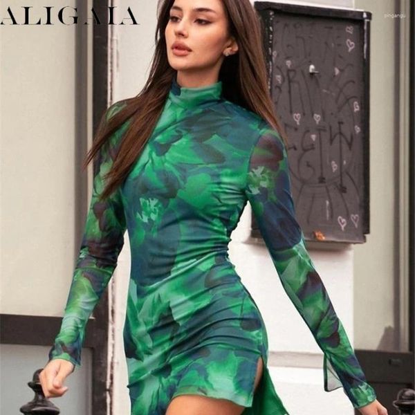 Robes décontractées Aligaia Élégant Green Coltlneck Mini Robe Floral pour femmes Tenues Fashion Mesh Sheer She Long Manneve BodyCon Party