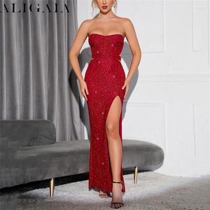 Casual jurken Aligaia Sexy Red Backless Sequins High Split Evening For Women Autumn Winter Elegante Strapless Slim Party Club Wear