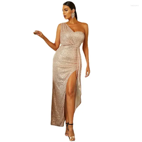 Robes décontractées Aliunique élégant une épaule drapée fendue paillettes robe de soirée d'or sexy femmes cocktail fête maxi robe de bal brillante