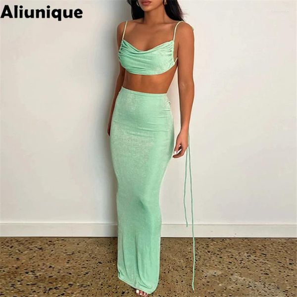Robes décontractées Aliunque Summer Sexy Green sans bretelles Top haute jupe Backless Lace Up Women 2 Pieds sets Female Skinny Party Clubwear