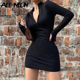 Robes décontractées allneon Acubi Fashion Knited Zip-up Mini robe serrée Femmes Long Manye BodyCon Y2k Chic Streetwear Black Tenues