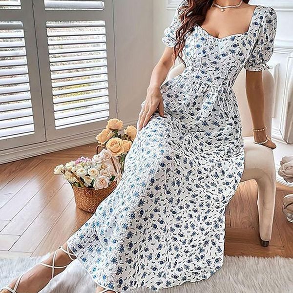 Vestidos casuales Allover Floral Boho Ladies Summer Sale Square Neck Puff Sleeve Vestido largo Cintura de vacaciones Ropa de mujer delgada