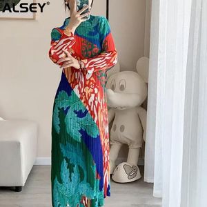 Casual jurken Alsey Miyake geplooid geprinte lange mouwen elegante kleurblokkering voor vrouwen mode plus size avondjurken