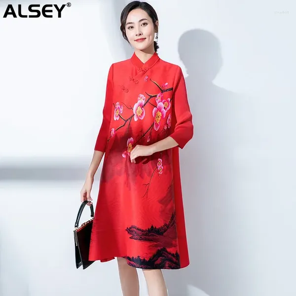 Robes décontractées alsey miyake plissé de printemps de printemps de printemps chinois bouton de plaque d'automne chinoise