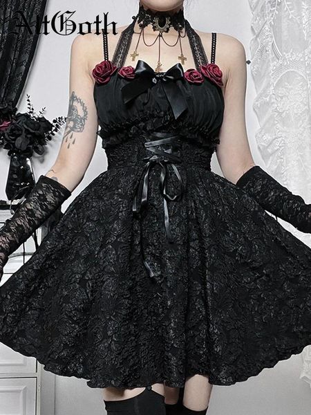 Vestidos casuales AltGoth Dark Gothic Black Lolita Vestido Mujeres Estética Fairycore Grunge Rose Lace Patchwork Cintura alta Corset Clubwear