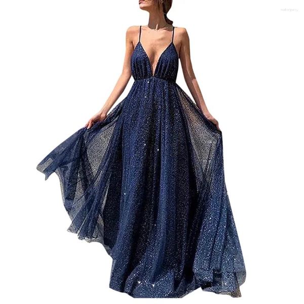 Vestidos casuales Amanda Glitter Vestido de fiesta azul oscuro elegante Fiesta de cuello en V Sexy Side Night Gown de gala brillante
