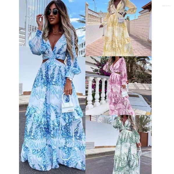 Robes décontractées de style mode Amazon Street Women's Wear Spring Long Long Imprimé V Sleeve Elegant Robe Femme
