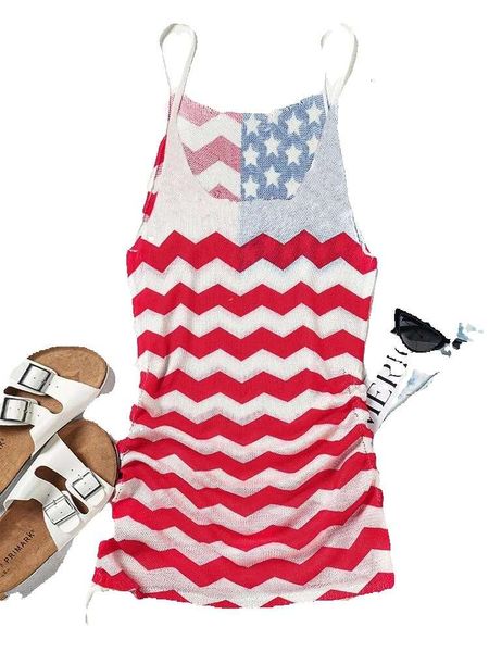 Vestidos casuales Bandera americana Playa Cubrir Cami Mujeres 4 de julio Cordón Sin espalda Correa de espagueti Mini vestido gráfico Sling de verano GG